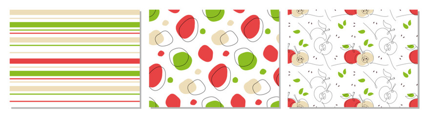 Abstract Seamless apple fruit patterns. Three pattern set. Abstract apples, spots, stripes. Collage contemporary backgrounds. Freehand Repeated prints for textile, wrapping paper, wallpaper, cover.