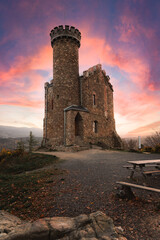 Stunning little castle near city of Karpacz in Poland. Prince Henryk Castle is located in village called Staniszów. Lovely small castle during the sunset in autumn. Gorgeous polish landscape and tones