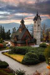 Norwegian church in city of Karpacz in Poland it looks like during the Viking age. Amaizing combination of wood and rock gives to this chapel magic feel of viking age. Poland offers many places.