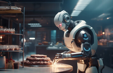 Fototapeta na wymiar Futuristic robot a confectioner or a cook works in a restaurant kitchen. AI generated