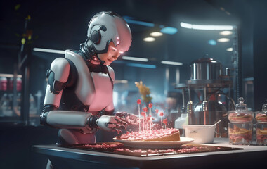 Futuristic robot a confectioner or a cook works in a restaurant kitchen. AI generated