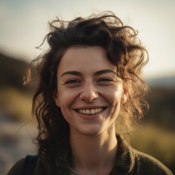 Woman, Smiling female face, Young girl, Joyful, cheerful expression. Portrait. Wide smile. Sunlight reflection. One person in the image. Blurred landscape background.