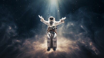 Priest in space suit is flying up in the clouds. Beautiful illustration picture. Generative AI