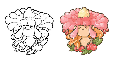 Forest Fairy ginger hair Girl colorful plants, flower hat, redcurrant,   - Illustration for kids books, gift card and coloring book - Kawaii style