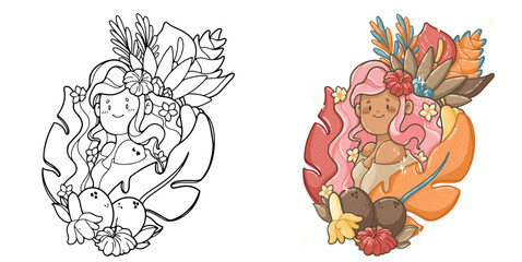 Tropical Hawaïan Girl with luxurious colorfull plants, banana, coconut - Illustration for kids books, gift card and coloring book - Kawaii style