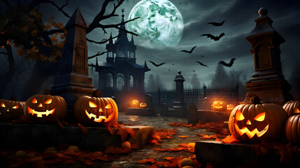 Halloween Pumpkins on cemetery. Halloween Background At Night Forest with Moon. AI generated.