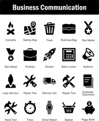 A set of 20 Mix icons as campfire, setting map, trash