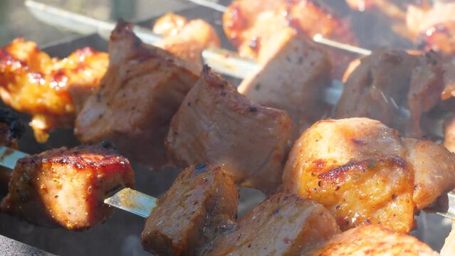 close-up fatty meat is roasted on coals outdoors on a sunny day. peak nick in nature, barbecue cooking over a campfire