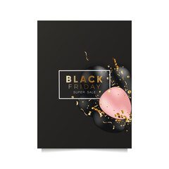Black Friday sale flyer or banner with black and pink balloons and confetti. Dark background, golden text in white frame