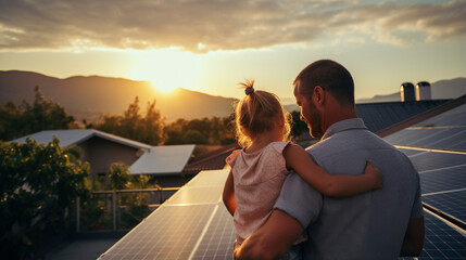 Rear view of dad holding her little girl in arms and showing at their house with installed solar panels. Alternative energy, s Generative AIaving resources and sustainable lifestyle concept