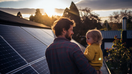 Rear view of dad holding her little girl in arms and showing at their house with installed solar panels. Alternative energy, s Generative AIaving resources and sustainable lifestyle concept