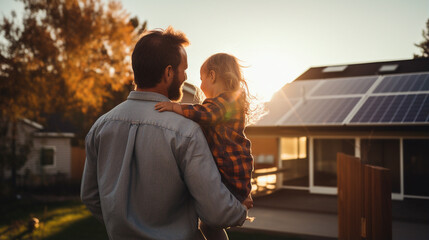 Rear view of dad holding her little girl in arms and showing at their house with installed solar panels. Alternative energy, s Generative AIaving resources and sustainable lifestyle concept - obrazy, fototapety, plakaty