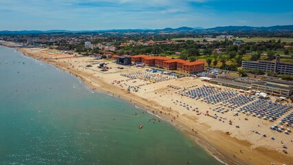 Italian famous seaside resort as seen from a drone. Vacation and tourism concept. Rimini, Italy. 