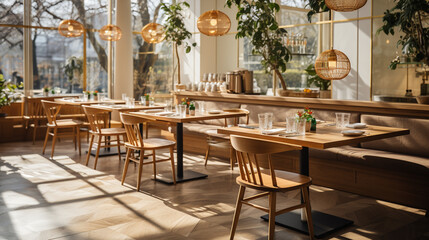 Obraz premium Restaurant interior background, modern decorated with green plant for a touch of natural fresh tone with warm lighting and for urban lifestyle concept restaurant, bar, coffee shop