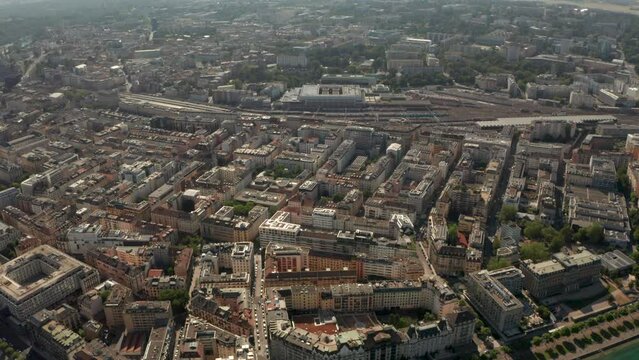 Rising aerial shot over Geneva train station