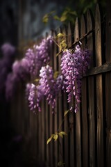 Purple wisteria flowers hanging on a wooden fence in the garden