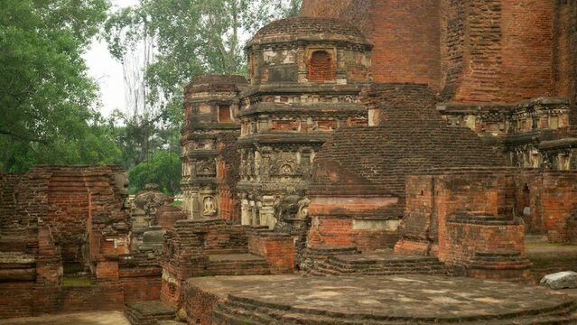 Medium close up of the main temple ruins on the site of Nalanda Mahavihara the oldest Buddhist monastic university that was demolished by Mughal Invaders
