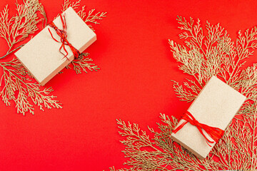 Christmas festive gift boxes, surprise concept. New Year background in red and gold colors