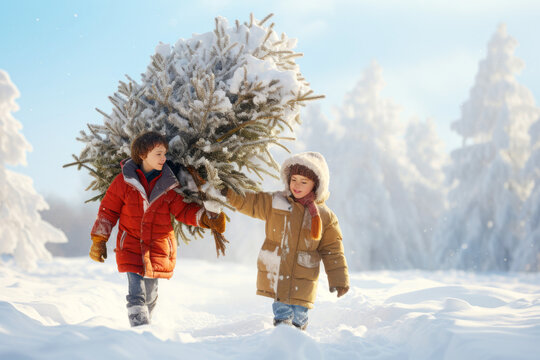 Children carry home a Christmas tree from the forest