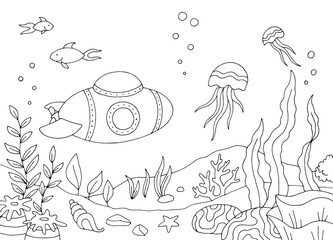 Fototapeta premium Underwater submarine graphic sea black white sketch illustration vector 