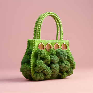 Stylish original green women's handbag with broccoli on a pink background. Eco concept. AI generated.
