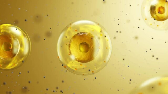 On an abstract yellow background, the essences from skin care products penetrate into the darkened cells, flying away the long-standing spots. 3d render, video for professional cosmetic ads