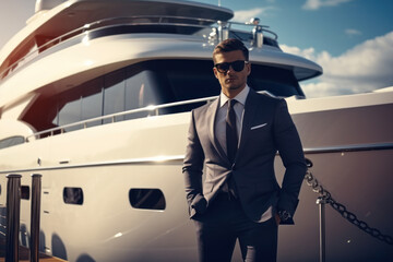 Wealthy, successful businessman by yacht, enjoying a luxurious trip..