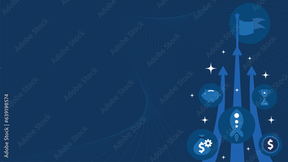 Sticker Financial growth concept vector banner design with rising arrow, rocket , money bag , piggy bank , trophy and coin icons on a dark blue background. Grow finance modern minimal poster.