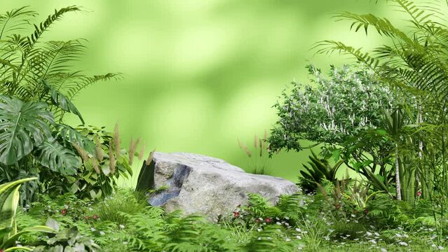 Green natural background with plants, tropical flowers like ferns, monsteras... The gray stone podium in the middle creates space for product display. Scene for advertisement with nature concept