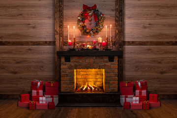 Many gift boxes near the Christmas fireplace in a festive interior of a Log Cabins with wooden walls. Mantelpiece with candles, Christmas wreath with bells