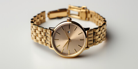 Schöne goldene Armbanduhr mit Gliederarmband und Retro Stil als Produktfotografie, ai generativ 