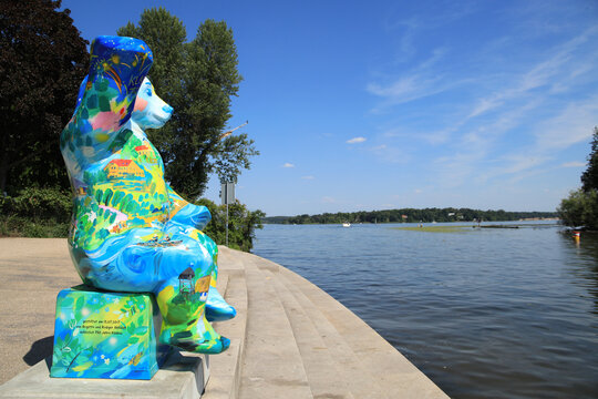 Buddy Bear along the beach Promenade of  Berlin Kladow, donated for the 750th anniversary of Berlin-Kladow. Each Buddy bear has been individually designed by an artist. Berlin July 8 2023
