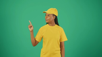 Delivery woman in uniform pointing at the empty area. Isolated on green background. Space to insert advertising.