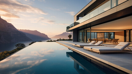 Fototapeta na wymiar Harmony of Design and Nature: Modern Luxury Glass Villa Nestled in the Mountains