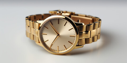 Sch&ouml;ne goldene Armbanduhr mit Gliederarmband und Retro Stil als Produktfotografie, ai generativ 