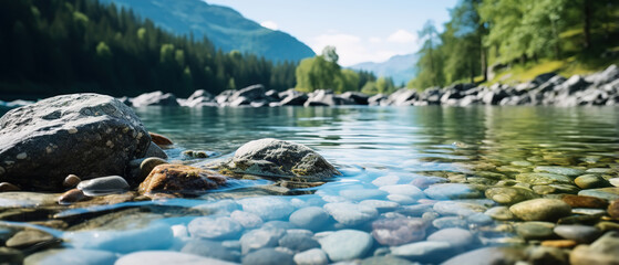Mountain river and forest, nature banner. Close-up of cobblestones in water, low angle view