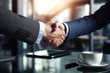 Businessmen making handshake in the city.