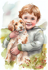 Happy child and a puppy dog watercolor greeting card. AI generated