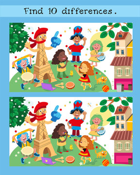 Find 10 hidden differences. Educational puzzle game for children. Group of fans of different nationalities. Vector cartoon scene. Funny people in Paris.