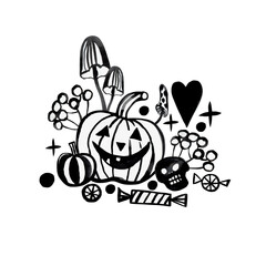 Halloween graphics, pumpkin, candy, dice. Cartoon clipart for festive decoration. Watercolor illustration, hand-drawn. The illustration is isolated on a white background.