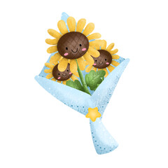 sunflowers bouquet, leaves, branches, fern leaves, Bright watercolor,nature,watercolor,cartoon,cute,icon ,vector, illustration,hand drawn