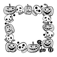 a fun frame with skulls and pumpkins. Watercolor illustration for Halloween, isolated on a white background. A festive invitation, congratulations, an up-to-date design for you.