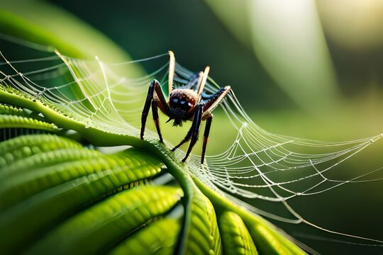 Create an image showcasing the intricate details of a delicate spider's web adorned with morning dew