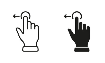 Hand Finger Drag Left and Line and Silhouette Black Icon Set. Pinch Screen, Swipe and Rotate Touch Screen Pictogram. Gesture Slide Left Symbol Collection. Isolated Vector Illustration