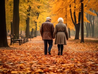 Fototapeta premium An elderly couple hand-in-hand, strolling through a leaf-covered park path, reminiscing about many shared autumns.