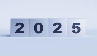 2025 on 3D Rendering block cube metal for preparation new year change and start new business target strategy concept.