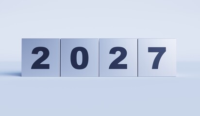 2027 on 3D Rendering block cube metal for preparation new year change and start new business target strategy concept.