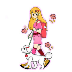 Blonde hair girl walking dog 