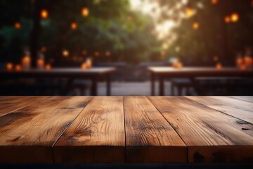 Empty wood table top landscape perspective with isolated on rainy background. Generative AI.