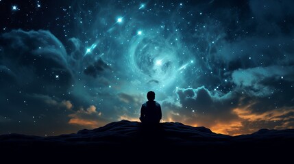 Starry sky, man is sitting and looking. Beautiful illustration picture. Generative AI